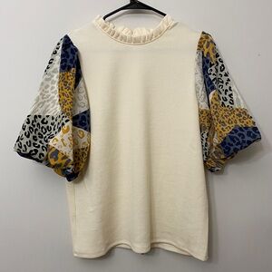 THML Cream Blouse with Animal Print Sleeves